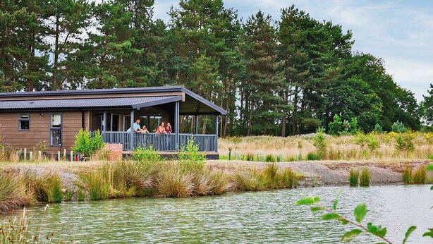 A cabin with a porch overlooking a pond, surrounded by tall trees and grassy areas. - Lakeside 3 Pet Friendly (Woodhall Spa)