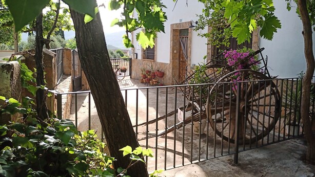 A courtyard with a metal gate, potted plants, and a vintage cart. - Casa Rural El Ojuelo (VTAR) (El Ojuelo)