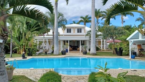 A large pool with a stone border, surrounded by palm trees and a house with a white roof. - La caz à Anne, Villa de Charme (Saint Paul)