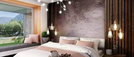 A modern bedroom with a large bed, a view of greenery outside, and a rustic wall.