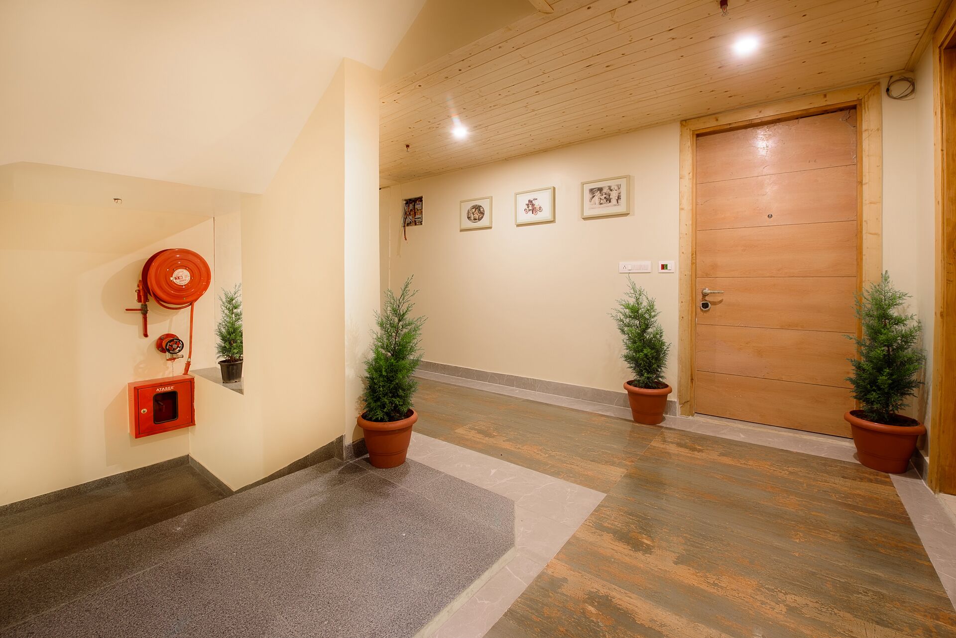 A hallway with a wooden door, potted plants, a fire hose reel, and framed pictures on the wall.