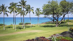 Um campo de golfe com vista para o oceano e palmeiras.