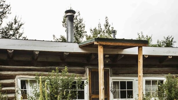 A rustic cabin with a pond, lily pads, and a wooden structure.