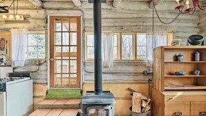 A rustic cabin interior with a wood-burning stove, a wooden door, and a stone fireplace.