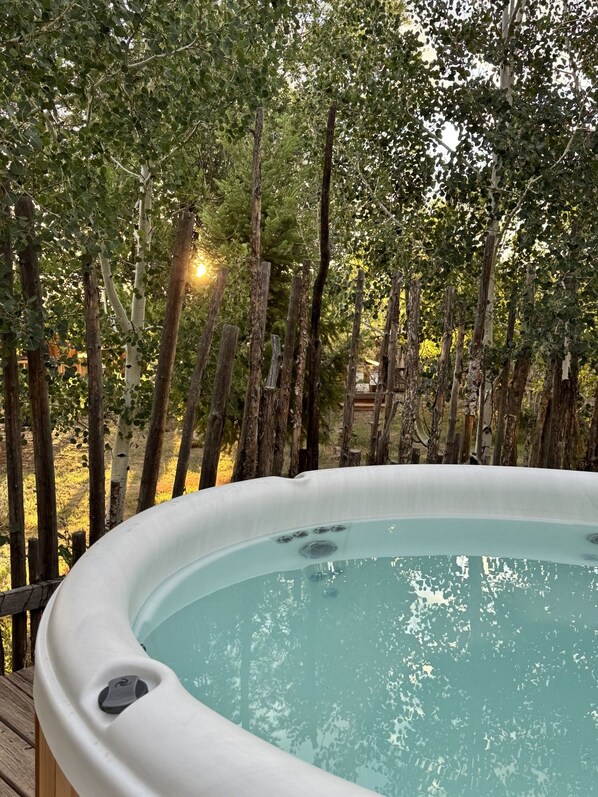 Un bain à remous entouré d’arbres et délimité par une clôture en bois.