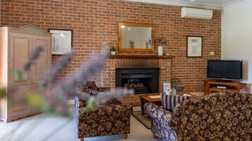 TV, fireplace, DVD player, books