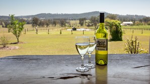 A bottle of wine and two glasses on a wooden surface with a rural landscape in the background. - Bluebush Estate - The Chalet (Rothbury)