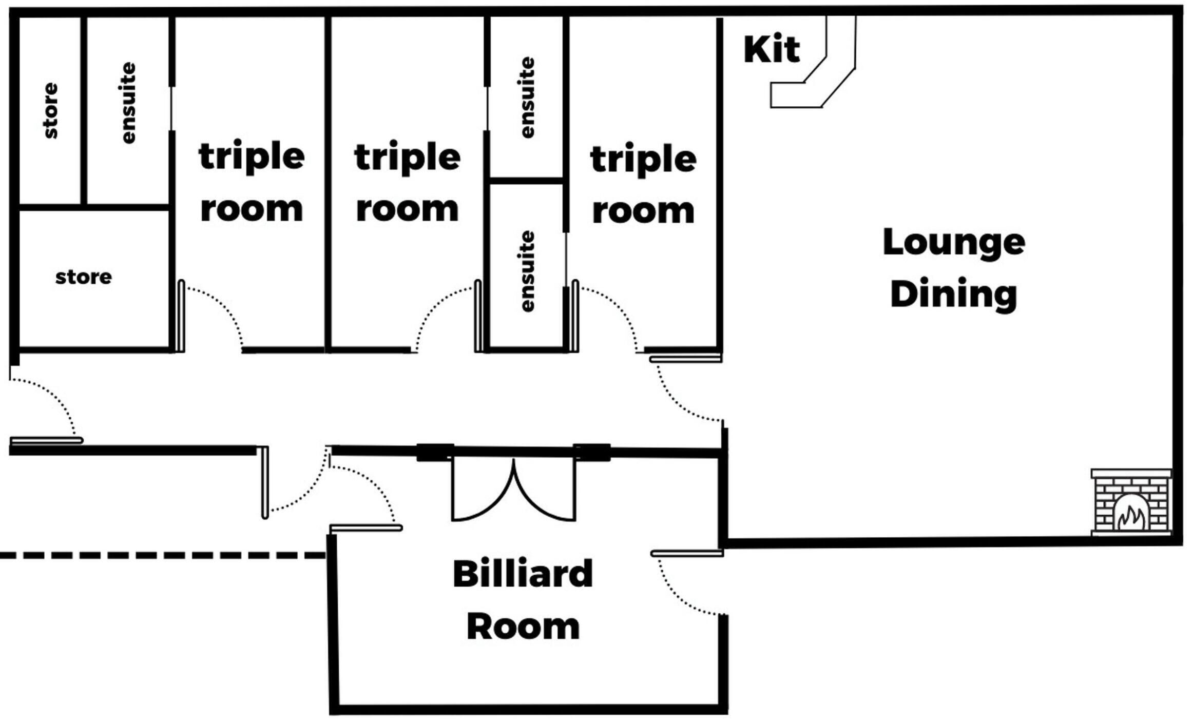 A floor plan with a billiard room, three triple rooms, a lounge dining area, and a kit.