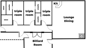 A floor plan with a billiard room, three triple rooms, a lounge dining area, and a kit. - Bluebush Estate - The Chalet (Rothbury)