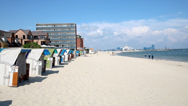 Um hotel à beira-mar com cabanas de praia numeradas, um edifício grande e vista para o mar.