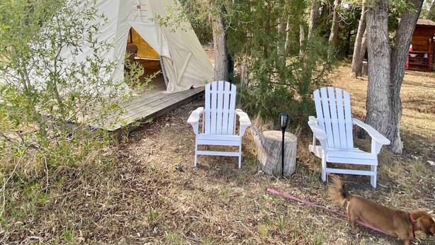 A tent with a ladder, two white Adirondack chairs, and a dog near the tent. - ANASAZI TIPI (San Cristobal)