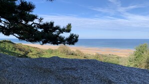 Un premier plan rocheux, avec une plage et l’océan en arrière-plan.