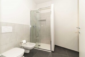 Shower, hair dryer, bidet, towels