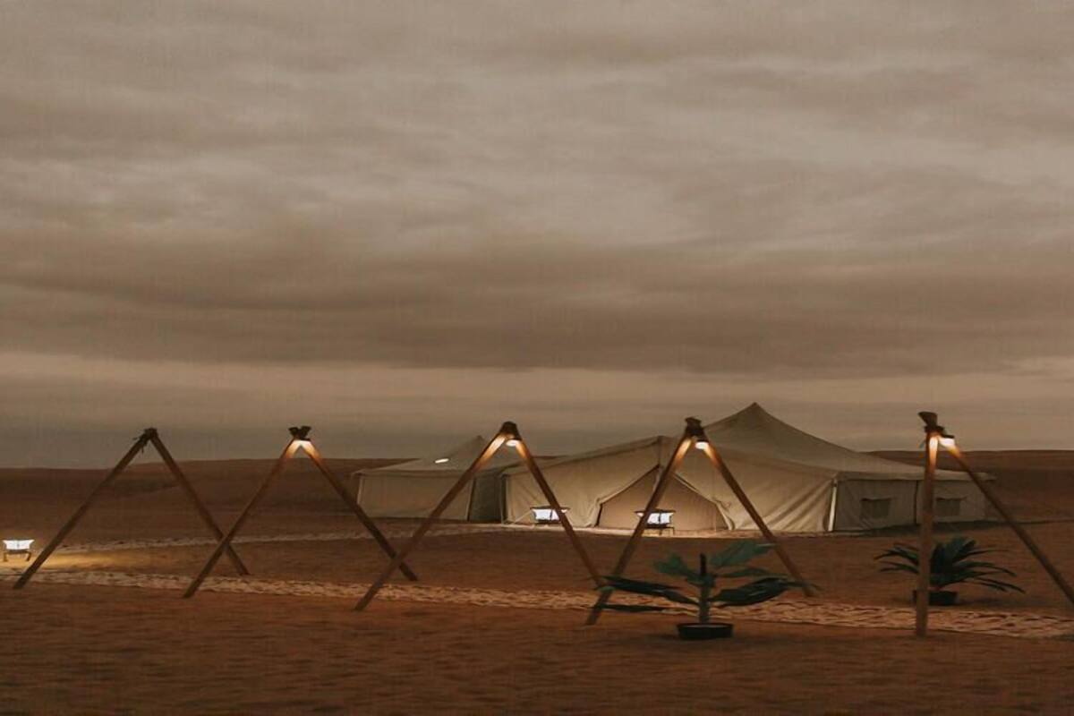 A desert camp with tents and a small garden area.