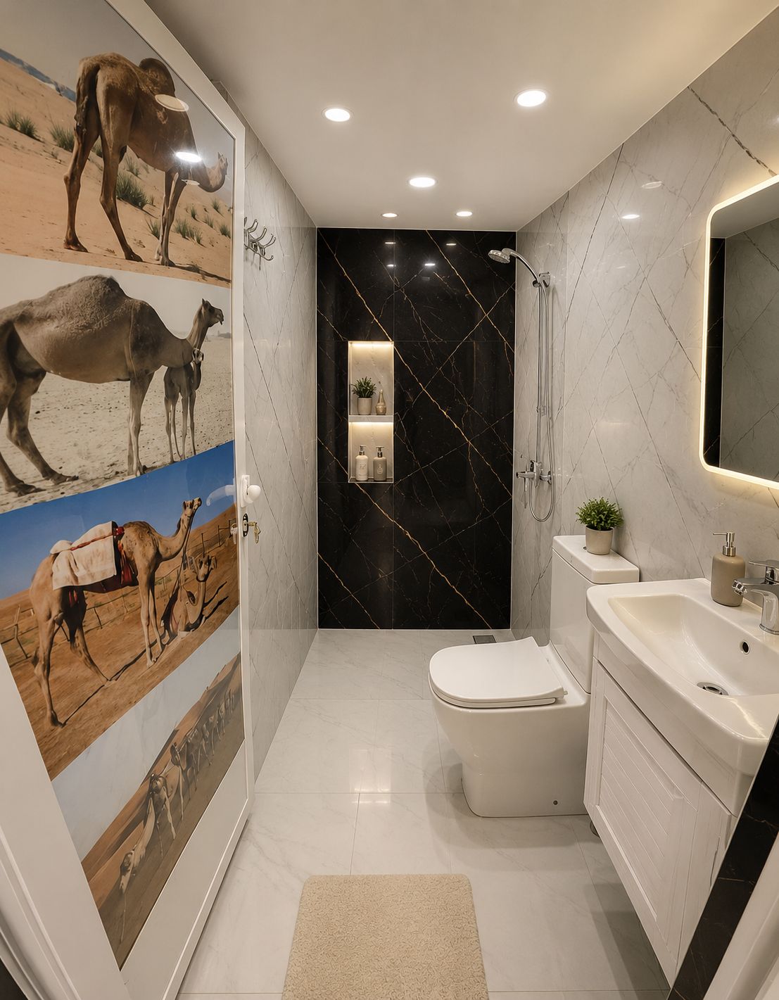 A modern bathroom with a toilet, sink, and shower.