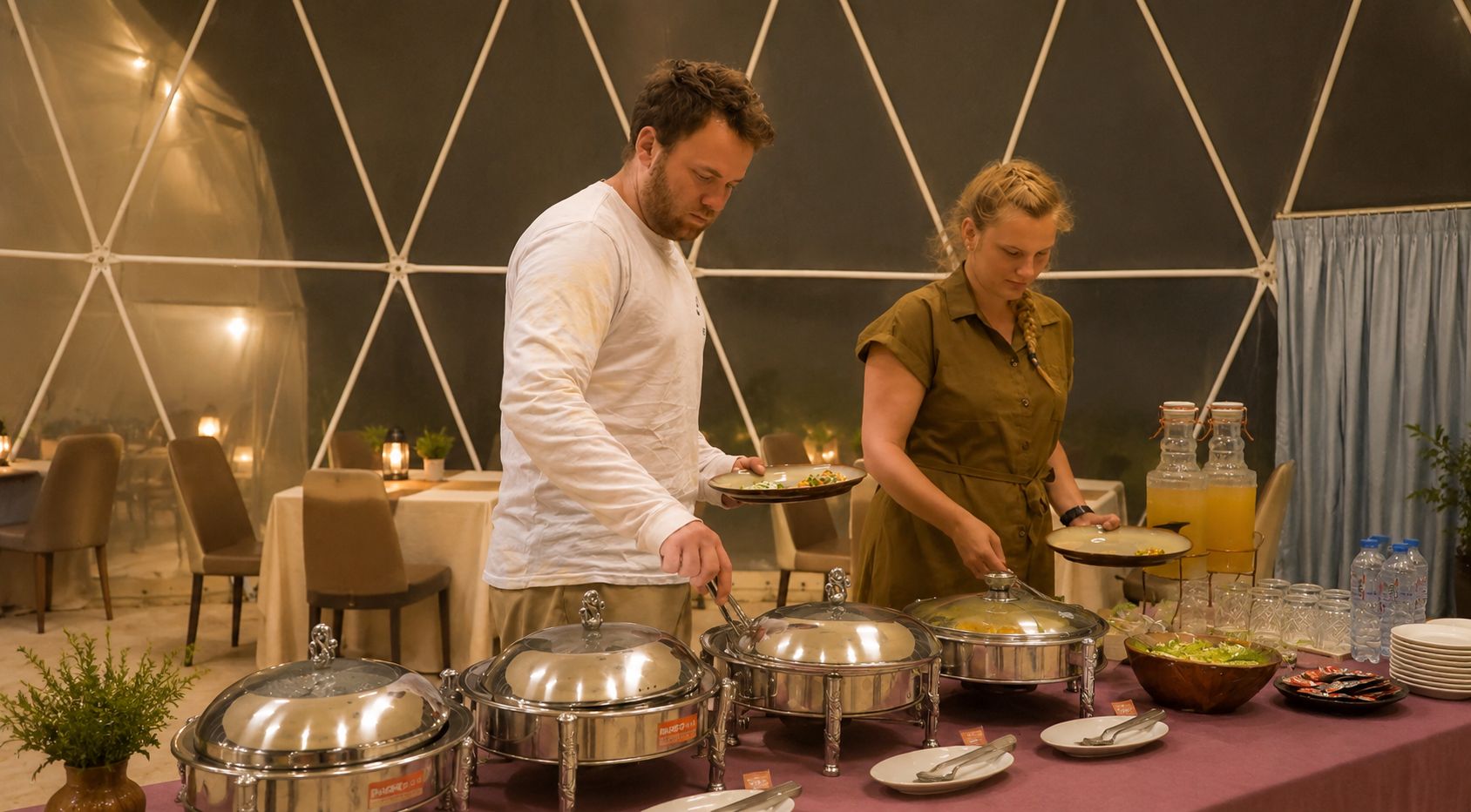 Ein reichhaltiges Buffet mit abgedeckten Speisebehältern sowie einem Tisch mit Geschirr und Besteck.