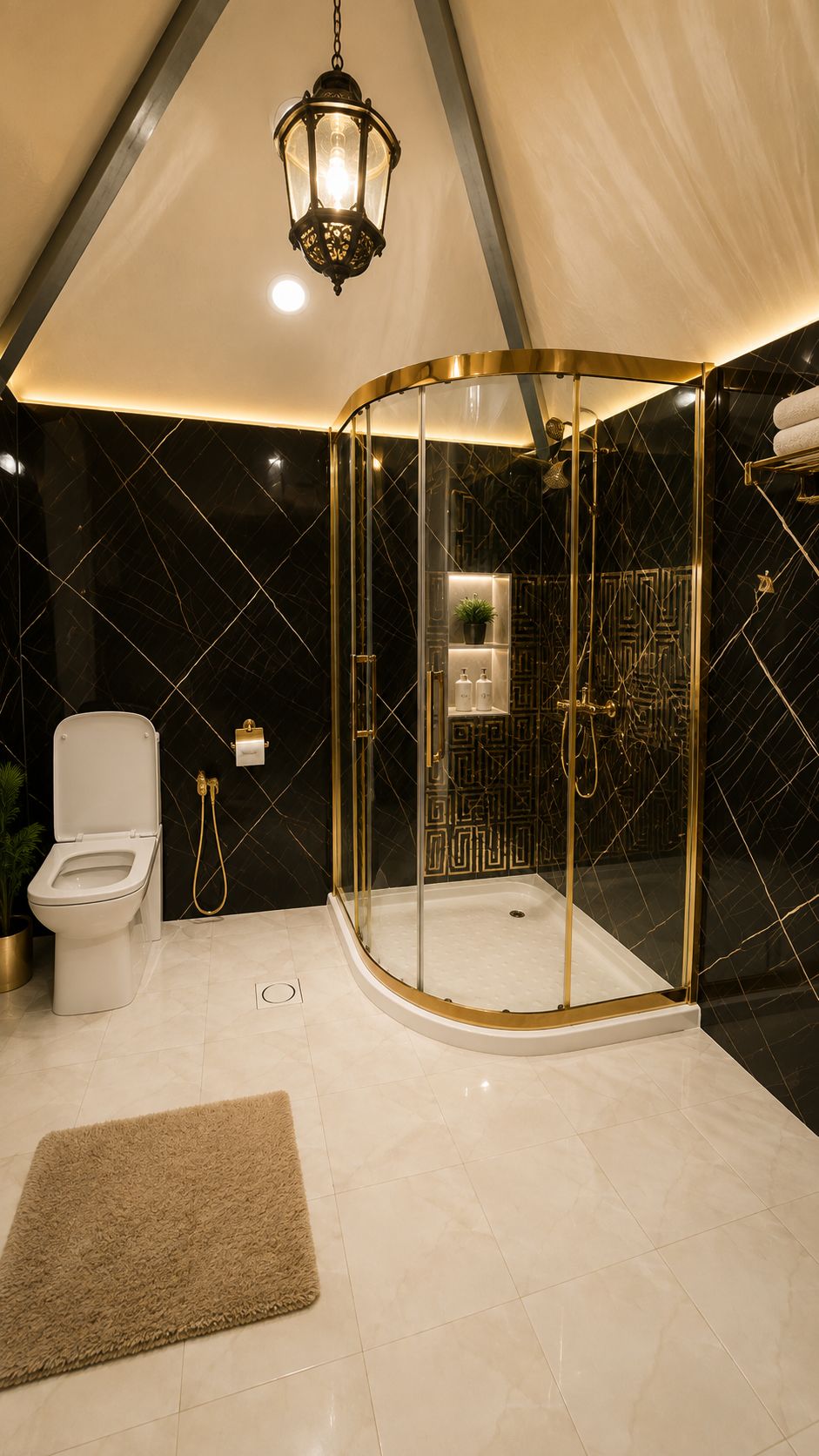 Un baño moderno con ducha de vidrio, inodoro y lavamanos.