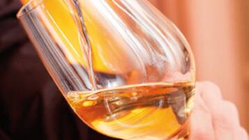 A hand holding a wine glass with a golden liquid being poured into it.