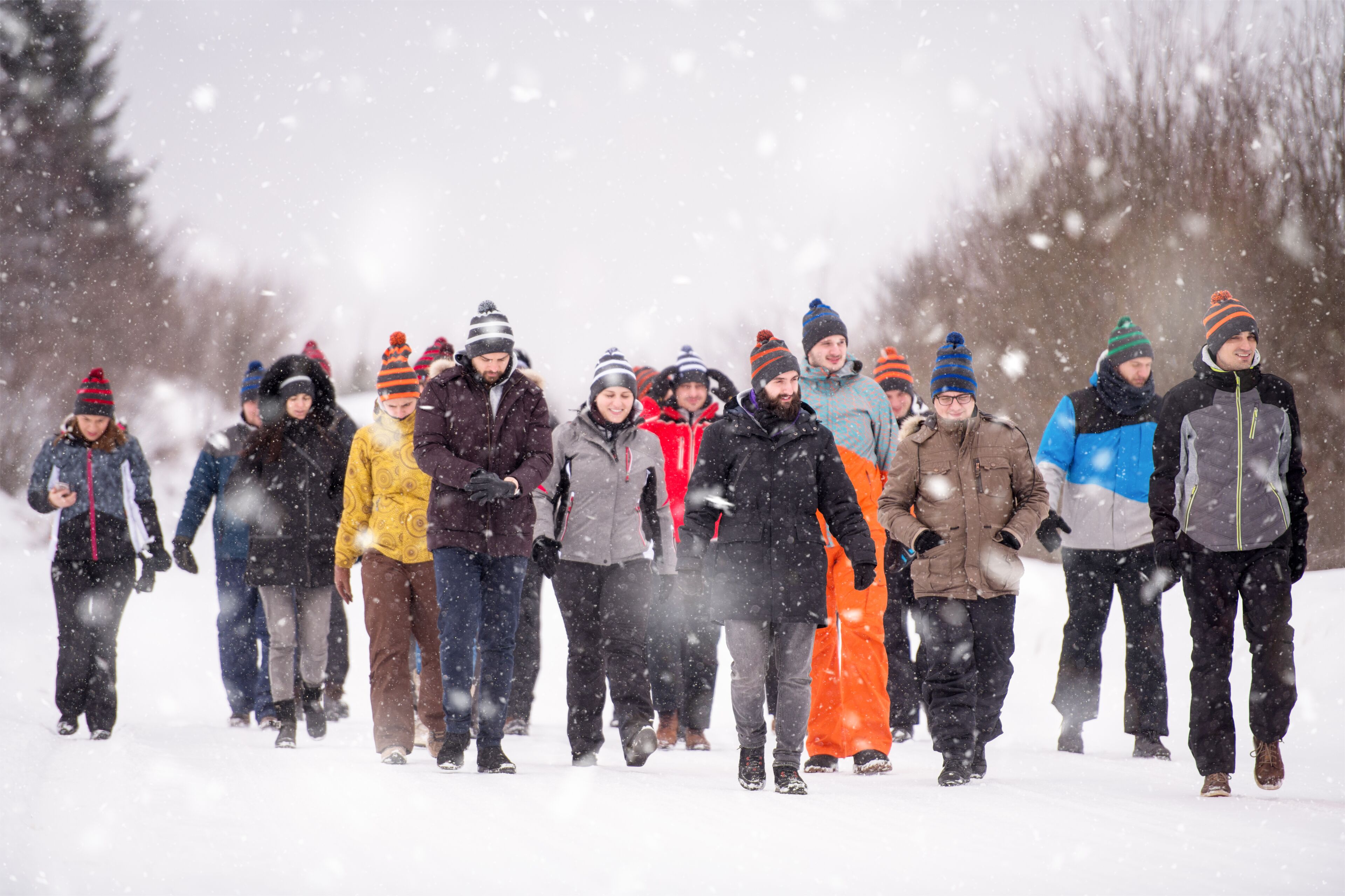Un grupo de personas caminando sobre la nieve.