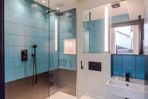 Shower, hair dryer, shampoo