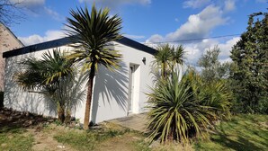 Un edifici blanc amb teulada inclinada, envoltat de palmeres i altra vegetació.