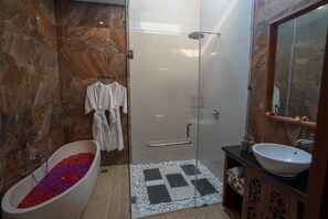 Combined shower/bathtub, hair dryer, towels, toilet paper