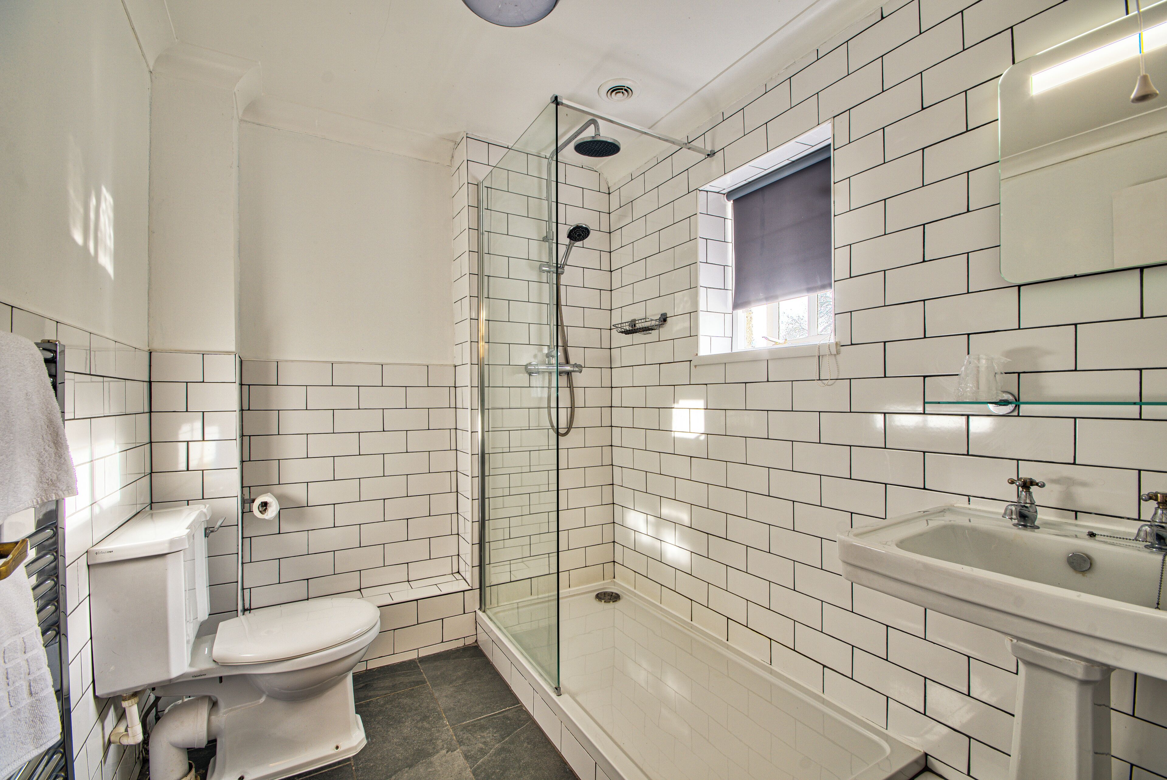 Een badkamer met toilet, douche en wastafel.
