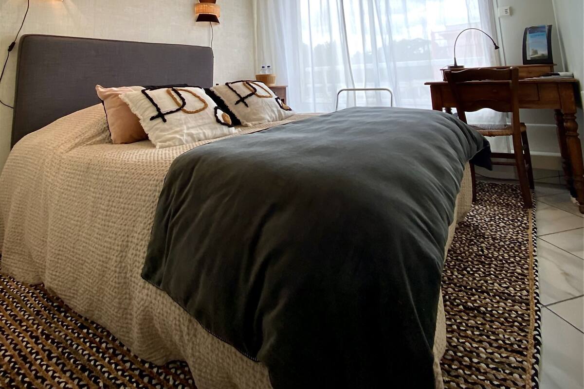 Un dormitorio con cama, lámparas de noche, escritorio y televisor.