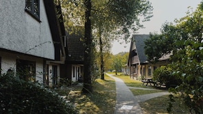 A pathway leading to a row of buildings with a picnic table and benches, surrounded by trees. - 31 Trevithick Court, Tolroy Manor (Hayle)