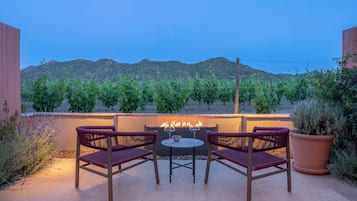 Relax on the patio with a view of the vineyard, surrounded by a potted plant and comfortable seating for two.