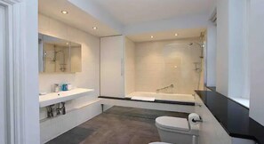 Shower, hair dryer, bidet, towels