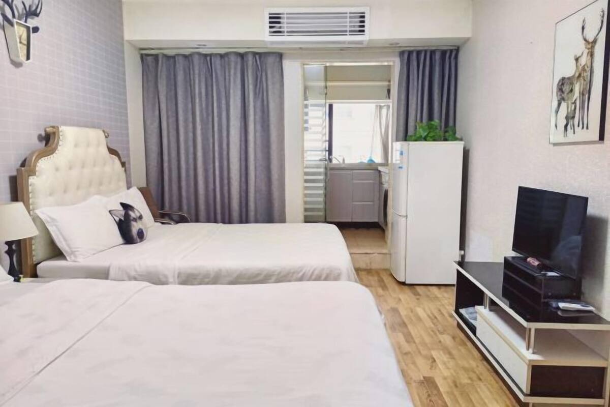 Habitación de hotel con dos camas, televisión, armario y baño visible a través de una puerta.