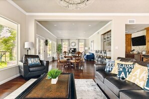 Smart TV, video games, foosball, stereo