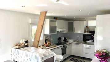 Frigorífico, microondas, horno y placa de cocina