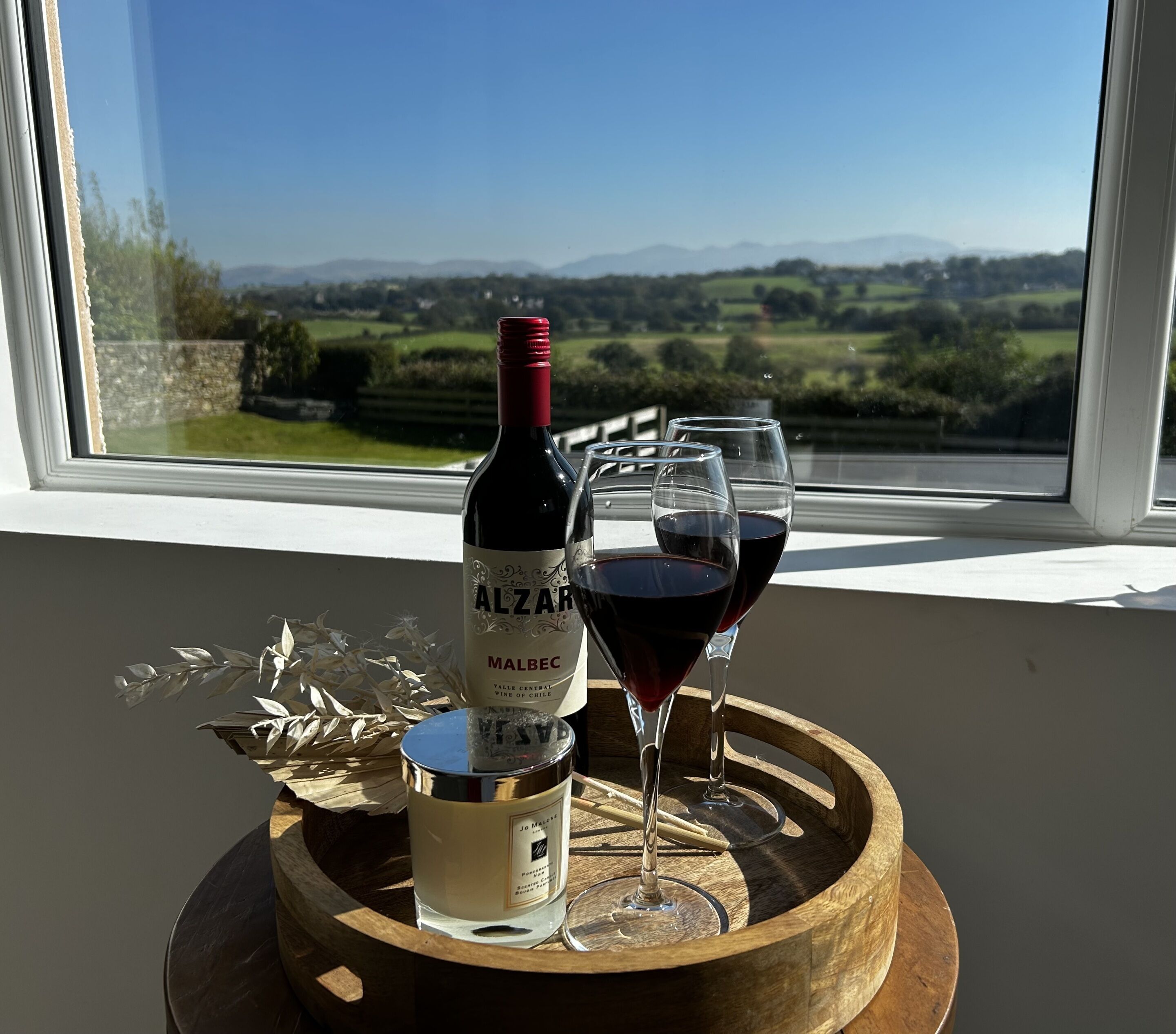 A bottle of wine and two glasses on a wooden tray by a window with a view of a vineyard.