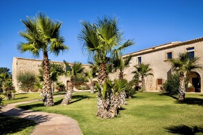A courtyard with palm trees and a building with stone walls and arched windows.
