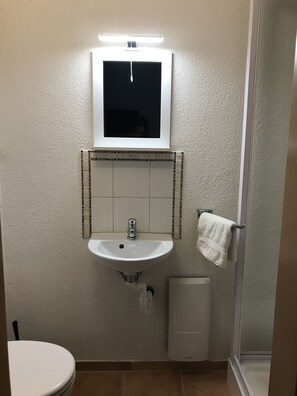 Regadera, toallas, papel de baño 