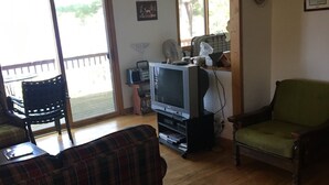 Una sala de estar con un sofá a cuadros, un televisor sobre un mueble bajo, una silla y una ventana con vistas al exterior.