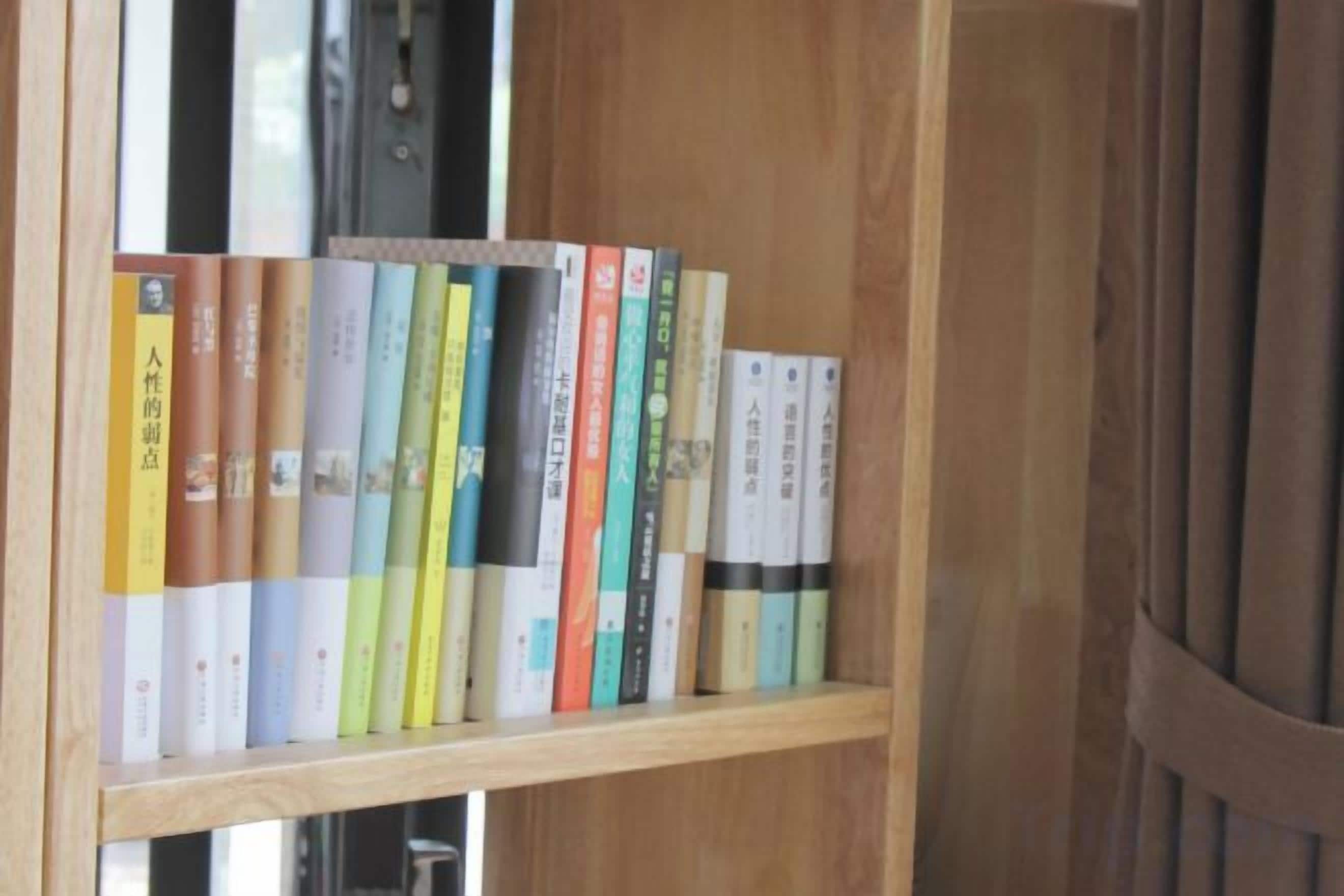 A wooden bookshelf with various books.