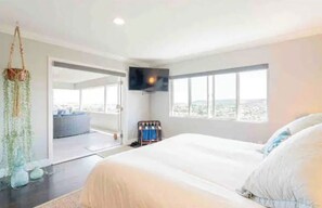 2 bedrooms, desk, blackout drapes, iron/ironing board