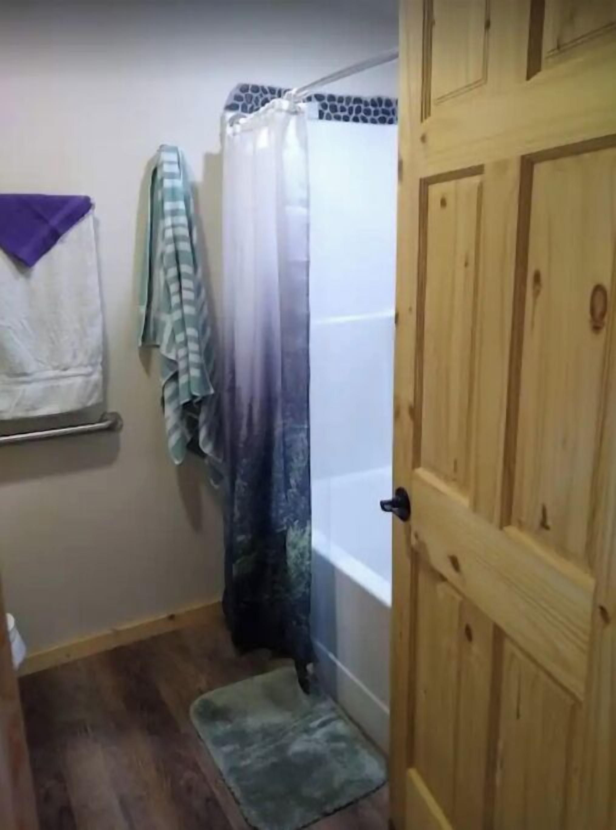 Un baño con cortina de ducha, un perchero con toalla, una puerta de madera y una alfombra pequeña en el suelo.