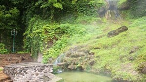 A natural hot spring area with a stone platform and a small waterfall. - Unit 5*Queen Bedroom, Mini Fridge, Coffee Maker, T (Hot Springs)