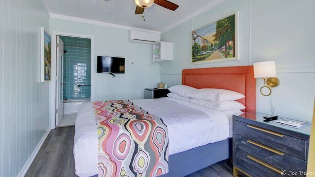 A bedroom with a bed, a ceiling fan, a nightstand, a TV, and a painting on the wall. - Unit 3*Queen Bedroom, Minifridge, Coffee Maker, Wi (Hot Springs)