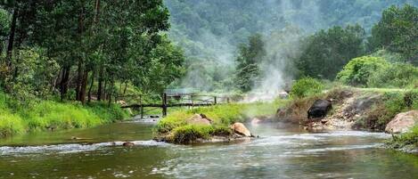 A river with a wooden bridge, surrounded by dense forest and hills.
