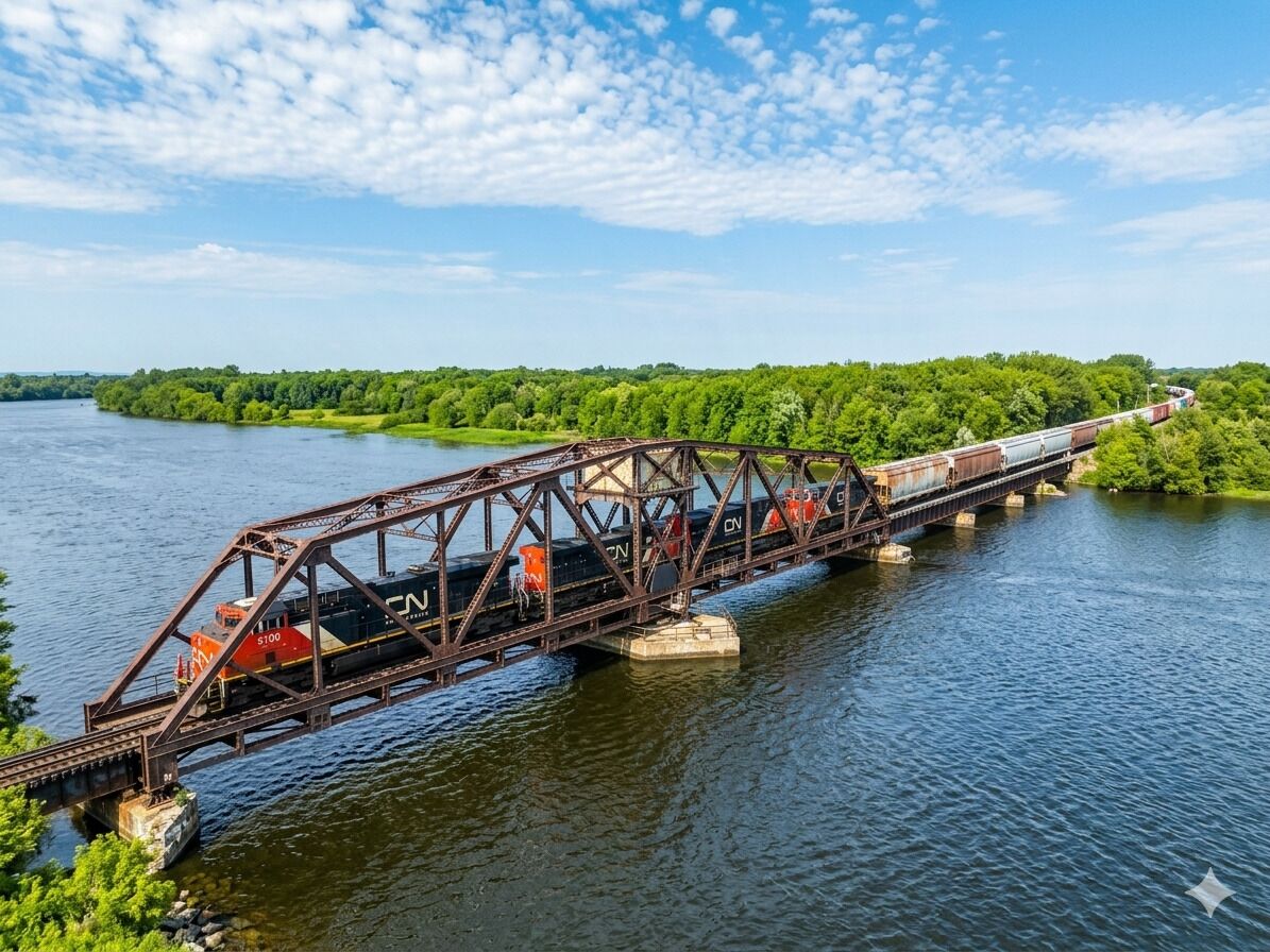 Un treno attraversa un ponte sopra un fiume, con un paesaggio boschivo sullo sfondo.
