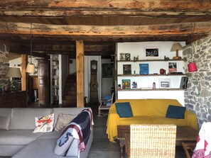 Télévision, cheminée, livres, imprimantes