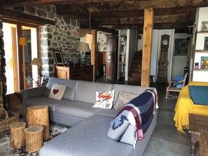 TV, fireplace, books, printers