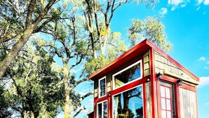 A rustic wooden cabin with a red roof and large windows, surrounded by tall trees.