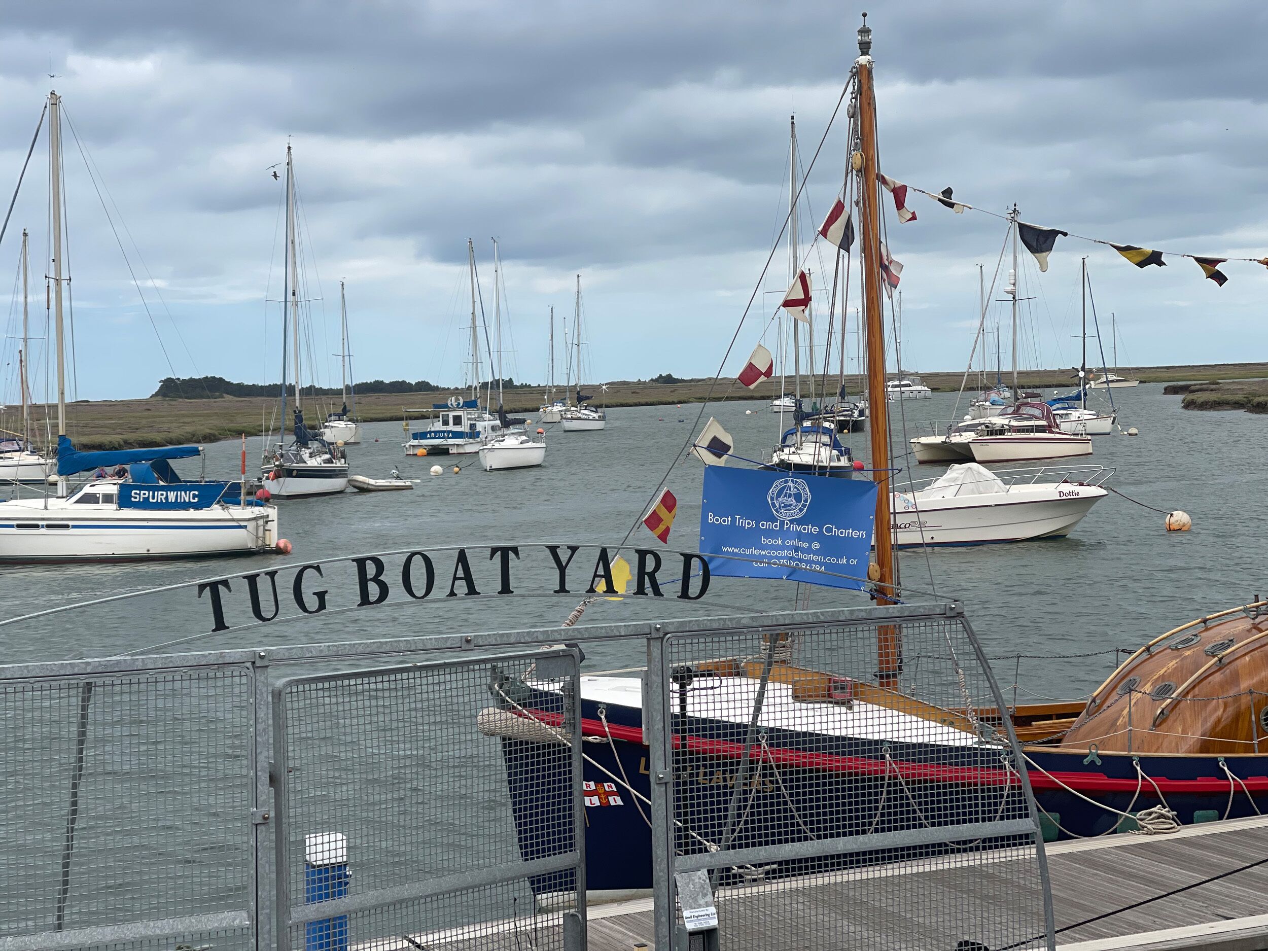 Un port de plaisance où sont amarrés de nombreux voiliers, une pancarte indiquant « ZONE DE REMORQUEURS », et un bateau en bois avec une coque rouge et bleue.