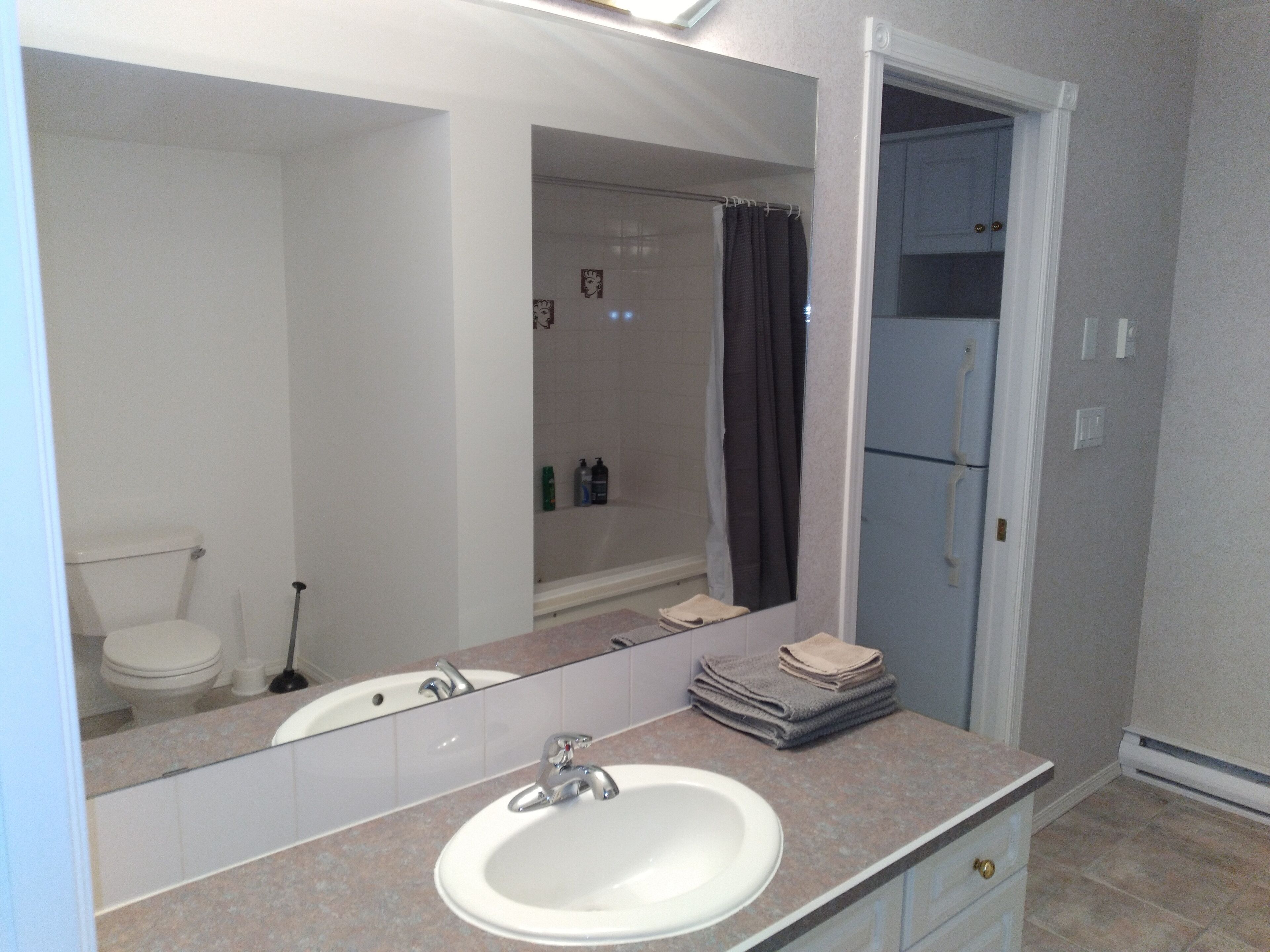 A bathroom with a sink, mirror, and a shower area.
